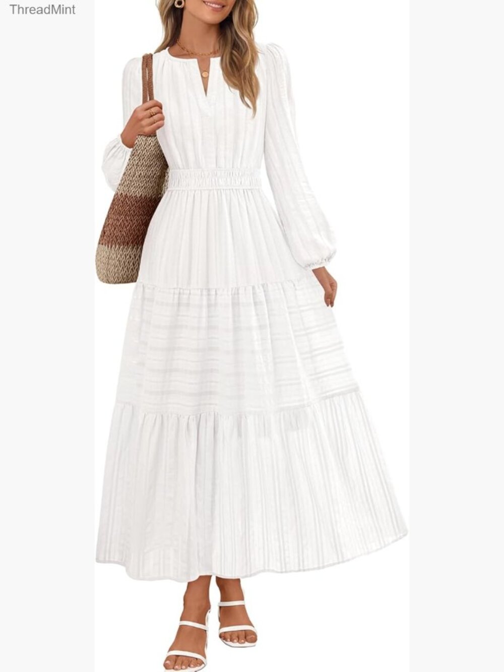 Long Sleeve V Neck Tiered Cotton Maxi Dress with Pockets Midi Casual